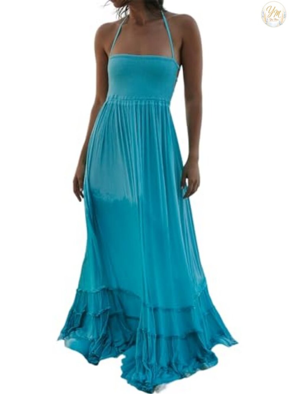 Backless Halter Maxi Dress with Ruffle Hem, Rayon/Cotton, Flowy Boho,